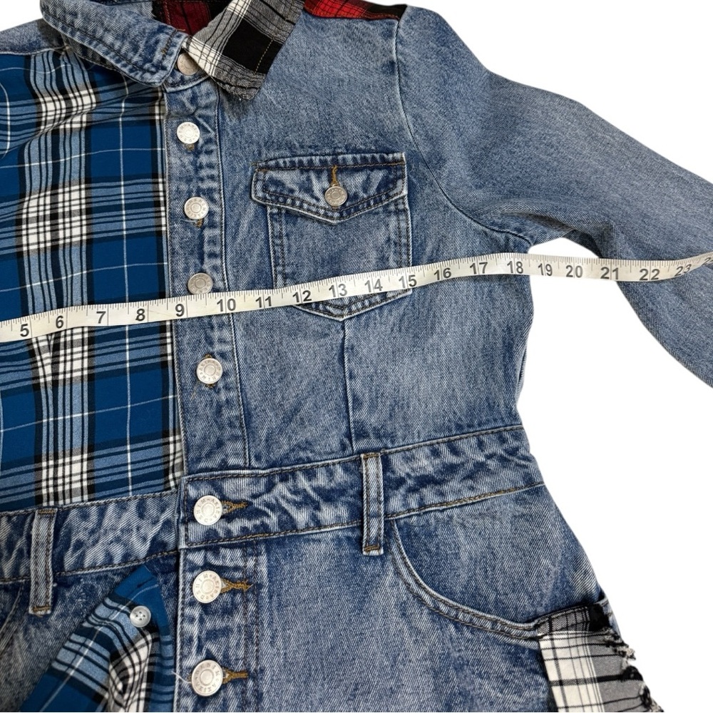 AKIRA Patchwork Plaid Denim Mini Dress - Picture 6 of 12